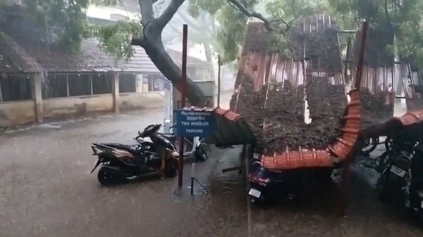 Due to heavy rain in Coimbatore Collector s office bike parking collapsed