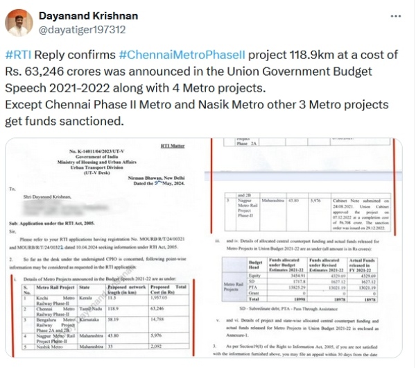 RTI confirms that Center has not give any funds for implementing Chennai Metro Phase-II project in last 3 years