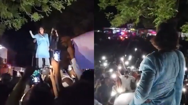 Priyanka Gandhi climbs top a vehicle to address Rae Bareli as there was no mic