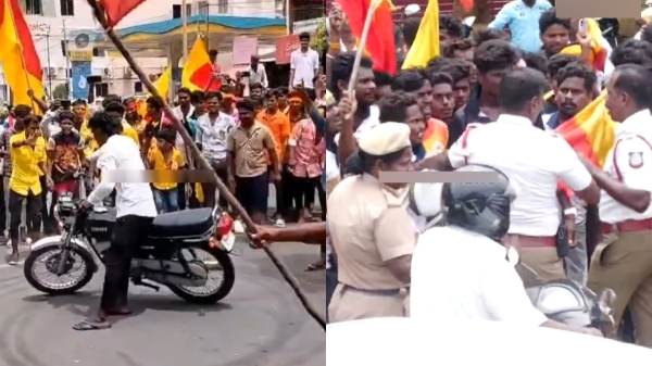 Mutharaiyar Sadaya festival Tense formed when policeman tried to take stop youths performing bike stunts