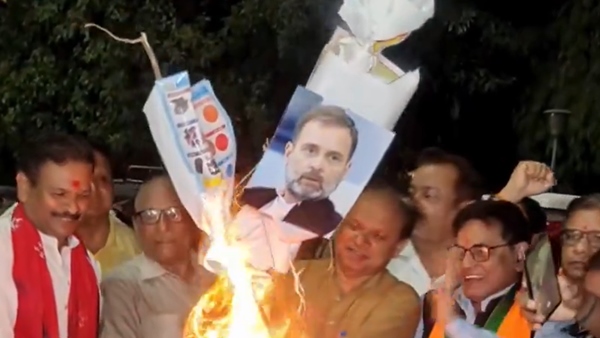 Congress MP Rahul Gandhi s effigy was burnt in Prayagraj over his Hindu remark in Parliament