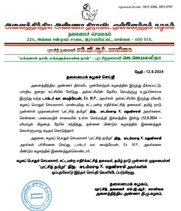 aiadmk bjp maitreyan