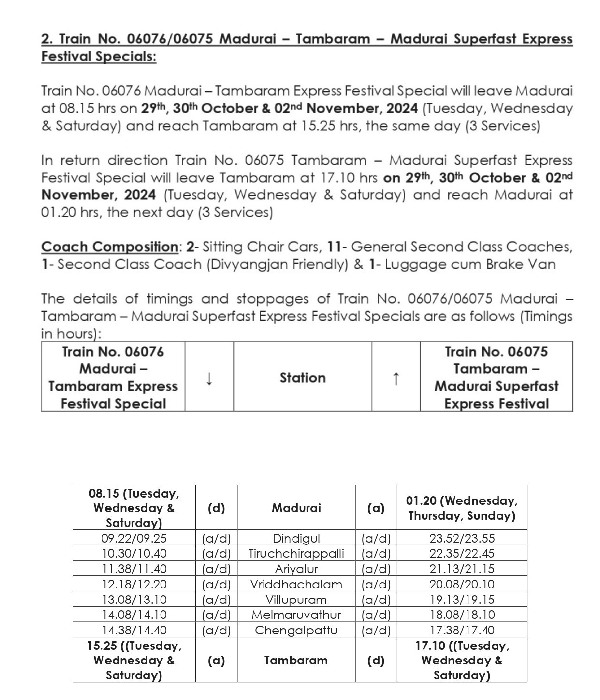 train chennai diwali 2024