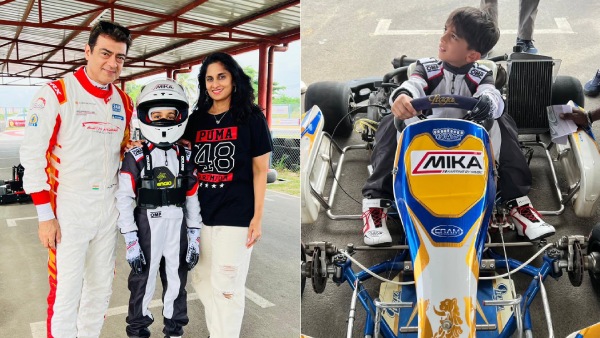 Actor and Racer Ajith Kumar giving Car Race Practice to his Son Aadvik in the Madras Karting Racing Circuit