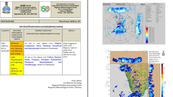 Rain Likely in 15 Districts by Tonight Thunderstorms Forecast in Tamil Nadu