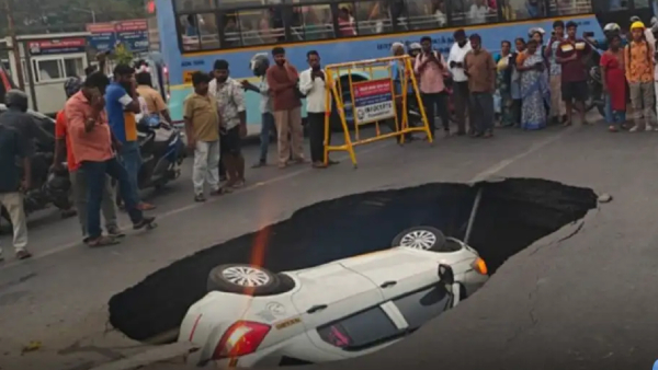 Car Overturns After Sudden Pothole Appears in Chennai Road Sparks Panic