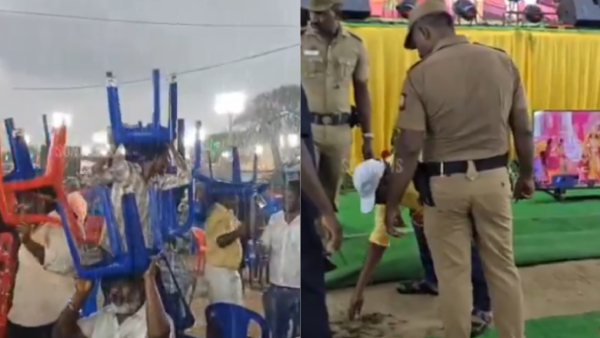 Heavy Rain Disrupts PMK Women s Conference in Poompuhar Volunteers Drain Flooded Stage
