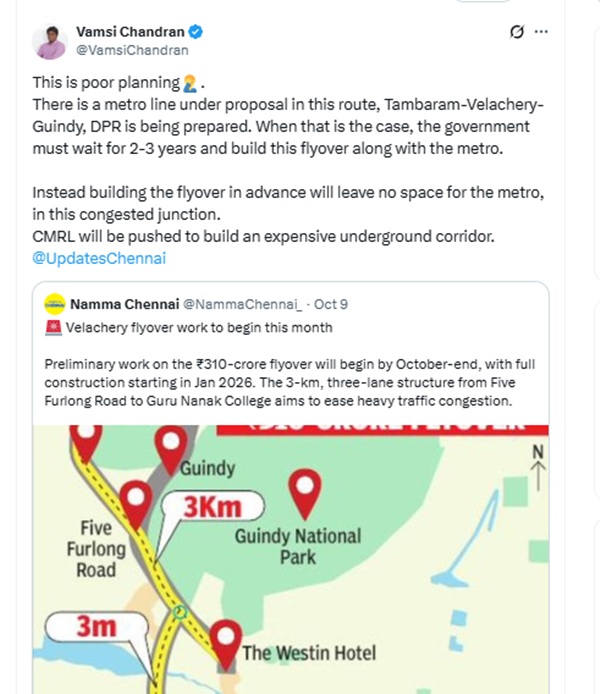 Velachery-Guindy Flyover Opposition Poor Planning Creates Major Problem for Metro Rail
