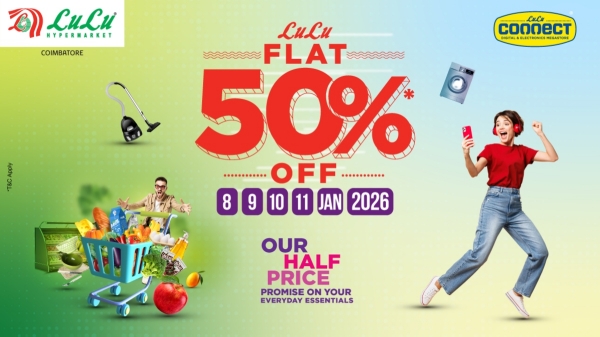 To express our gratitude for the continued support of our valued customers Lulu Hypermarket Coimbatore is offering a flat 50 mega sale from January 8th to 11th