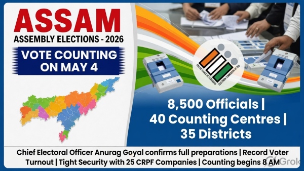 Assam Vote Counting 2026 May 4 Assam Results Anurag Goyal Press Conference Assam Election Counting Centres Record Voter Turnout Assam 2026 4 Assam Assembly Election 2026 counting May 4 vote counting Assam Anurag Goyal Assam 8500 officials Assam counting 40 counting centres Assam Assam election results May 4 EVM strong room security Assam 25 CRPF Assam election highest voter turnout Assam 2026 Barpeta Dhubri polling percentage Assam polling April 9 Kokrajhar Tinsukia counting centres Nagaon counting centre transparent election counting Assam Assam Legislative Assembly results 2026 2026 4 8500 40 4 25 2026 9 2026