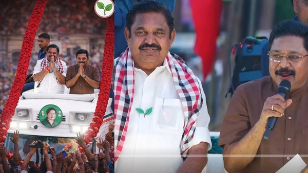 TTV Dhinakaran and Edappadi Palaniswami campaign together standing in the same van