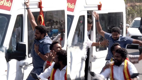 TVK party Worker Hangs from Vijay Campaign Van Again Bouncer Pushes Him Off in Tiruppur