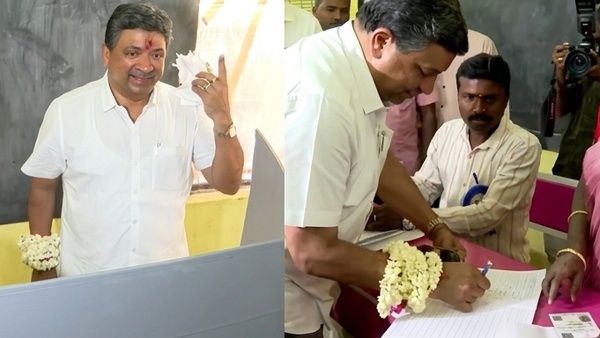 PTR Palanivel Thiaga Rajan casts his vote with jasmine flowers in hand