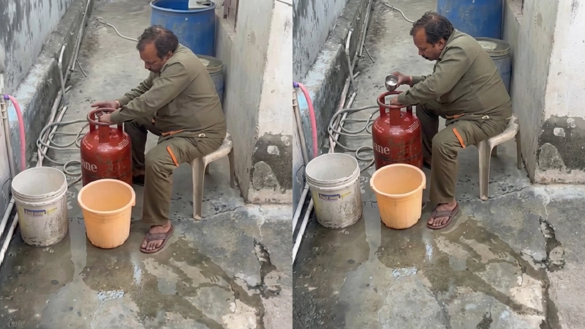 கேஸ் சிலிண்டர் தட்டுப்பாடு... தண்ணீர் ஊற்றி சரி செய்யும் டெலிவரி ஊழியர்! கொடுமையை பாருங்க!