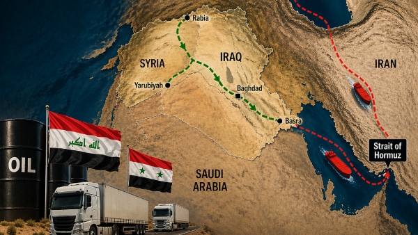 Iran war iraq Syria Strait of Hormuz Crisis Iraq Syria Border Reopening New Land Oil Route Rabia Yarubiyah Crossing Alternative to Hormuz Strait Strait of Hormuz blockade 2026 Iraq Syria border reopening Rabia Yarubiyah crossing new overland oil route alternative to Strait of Hormuz Iraq fuel oil exports via Syria global oil supply chain shift Middle East energy security India oil imports relief overland oil transportation SOMO Iraq oil contracts Mediterranean oil route Hormuz crisis impact Iraq economy boost backup oil export corridor 2026