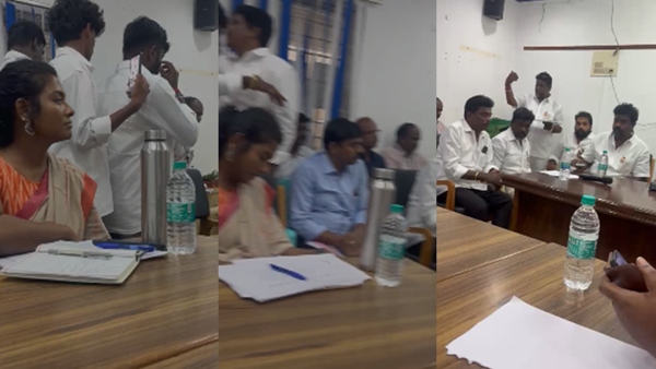 Supporters of Sholinganallur tvk MLA at the Chennai Corporation Zonal Meeting advice to officials Supporters of Sholinganallur tvk MLA at the Chennai Corporation Zonal Meeting advice to officials