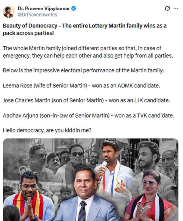 How did three MLAs from Lottery Martin s family win in tamil nadu and puducherry