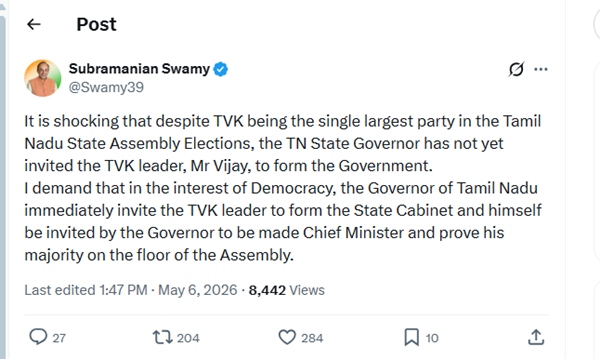 Subramanian Swamy Backs Vijay Makes Request to Tamil Nadu Governor