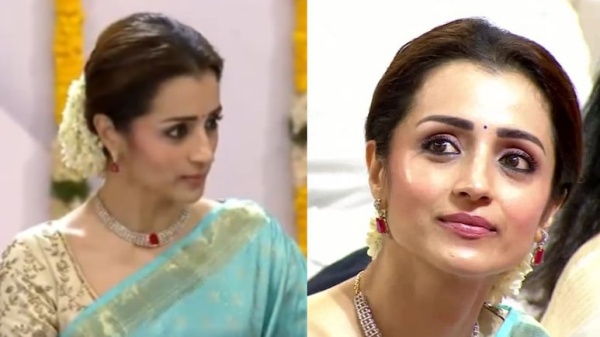 Trisha Krishnan Thalapathy Vijay TVK CM Oath Ceremony Blue Saree Jasmine Flowers Chennai