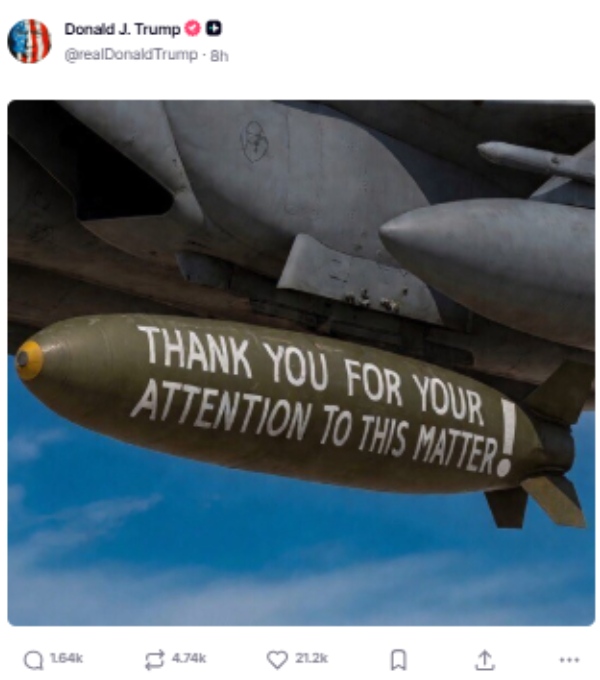 trump Iran war trump backs away iran deal trump mark 84 bomb photo trump truth social iran bomb us iran nuclear deal collapse trump israel pressure iran iran cancels us agreement mark 84 bomb trump post iran 100 billion frozen assets trump iran hormuz blockade trump iran deal 2026 84 84 100 2026