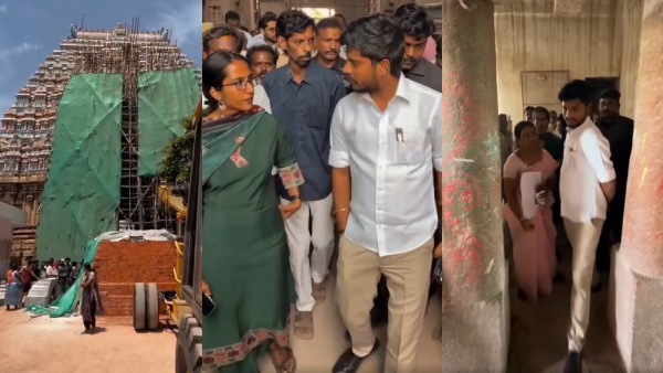 Minister Ramesh embroiled in a new controversy Inspects Srirangam temple work while wearing shoes