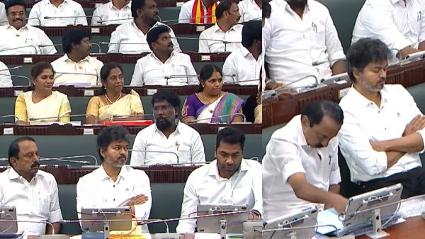 CM Vijay seated between Aadhav Arjuna and Sengottaiyan in Tamil Nadu Assembly