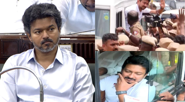 CM Vijay Avoids Eye Contact with Udhayanidhi Stalin Sitting Opposite Him During Budget Session CM Vijay Avoids Eye Contact with Udhayanidhi Stalin Sitting Opposite Him During Budget Session