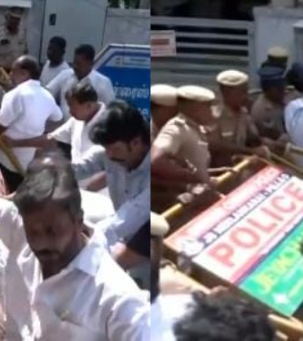 dmk-cadres-stops-and-halt-using-barricades-after-police-deployment-to-arrest-udhayanidhi-stalin-in-c dmk-cadres-stops-and-halt-using-barricades-after-police-deployment-to-arrest-udhayanidhi-stalin-in-c
