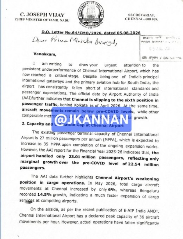 The real issue at Chennai Airport Full copy of the letter written by CM Vijay to the PM Modi