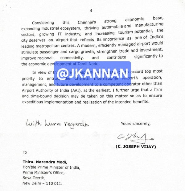 The real issue at Chennai Airport Full copy of the letter written by CM Vijay to the PM Modi