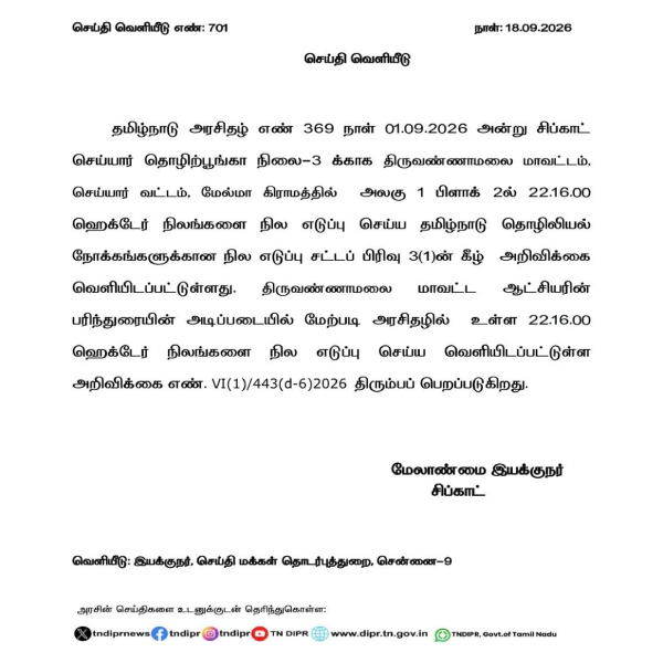 TVK Government Withdraws Land Acquisition Notification for Melma SIPCOT Expansion TVK Government Withdraws Land Acquisition Notification for Melma SIPCOT Expansion