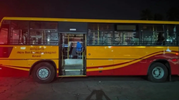 Government buses in TVK party flag colors Scenes at the Salem government depot