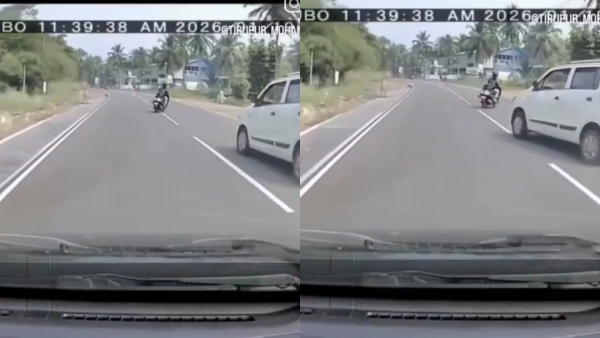 Car driver skillfully averts an accident that was about to be caused by a woman on a scooter Car driver skillfully averts an accident that was about to be caused by a woman on a scooter