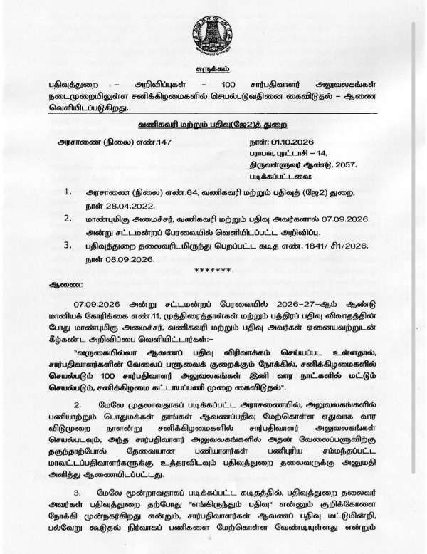 100 Sub-Registrar Offices in Tamil Nadu Will No Longer Function on Saturdays 100 Sub-Registrar Offices in Tamil Nadu Will No Longer Function on Saturdays
