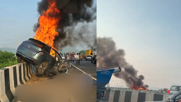 4 burnt alive as EV car catches fire after crash in Andhra 4 burnt alive as EV car catches fire after crash in Andhra