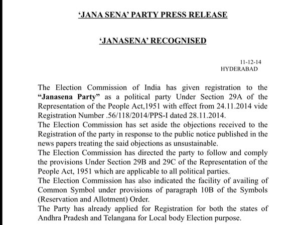 Pawan Kalyan’s Janasena gets Election Commission’s approval