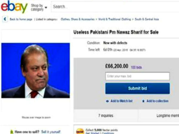 Pakistan Prime Minister Nawaz Sharif on sale for Rs 62 lakh on eBay Pakistan Prime Minister Nawaz Sharif on sale for Rs 62 lakh on eBay