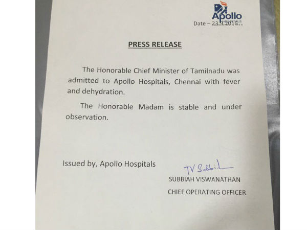 According to a statement put out by Apollo Hospitals