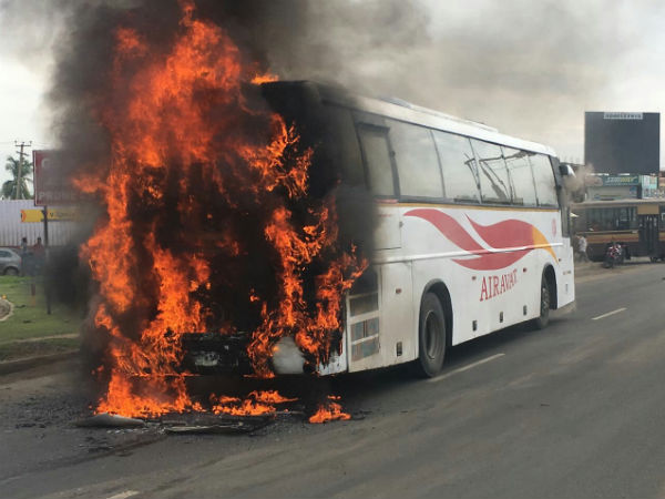AC bus belongs kSRTC catches fire near Poonamallee in Chennai AC bus belongs kSRTC catches fire near Poonamallee in Chennai