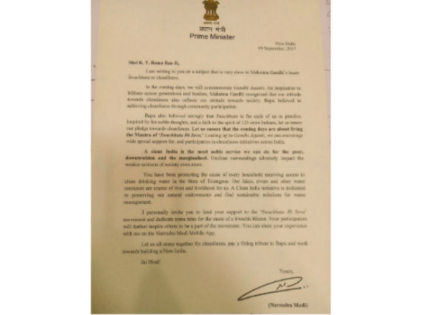 PM Modi Appreciate Letter To Minister KTR on Mission Bhagiratha Scheme