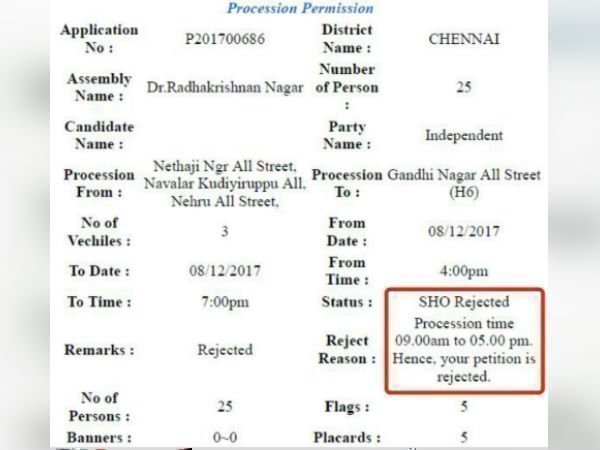 Police not given permission do campaign in RK Nagar for TTV Dinakaran