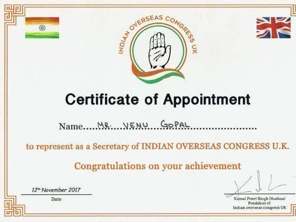 Gampa Venugopal appointed as Indian Congress Overseas secretary
