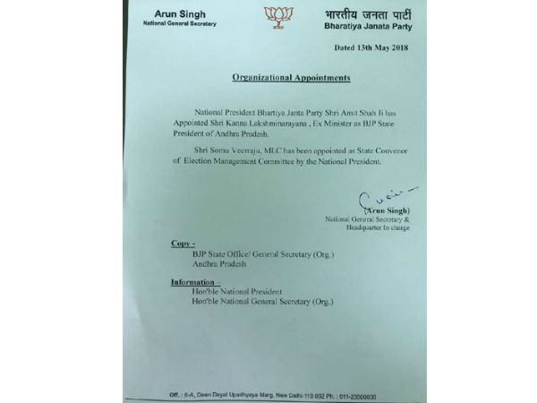 Kanna Laksminarayana AP BJP president...Somu Veerraju as election management committee convenor