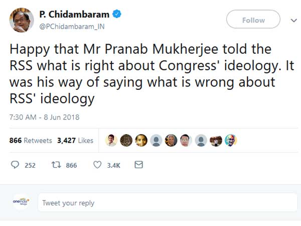  Congress leader P Chidambaram lauds former President Pranab Mukherjees speech at RSS event