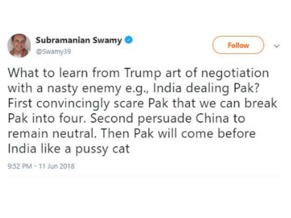 India Should deal Pak as how trump dealt with Kim tweets swamy