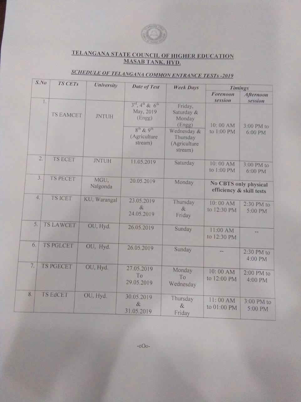 Telangana state cet shedule released