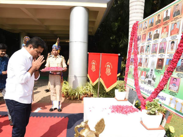 ktr tributes to pulwama martyrs and gave 50 lakh rupees cheque