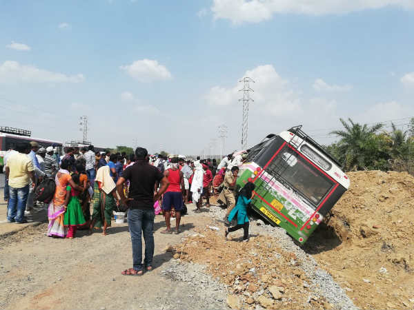 rtc buss accident at mancherial, driver serious, 19 wounded