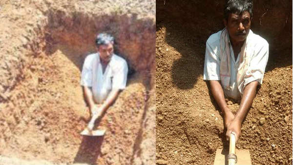 పీకల లోతు గోతిలో పూడ్చిపెట్టుకొని ఓ రైతు వినూత్న నిరసన