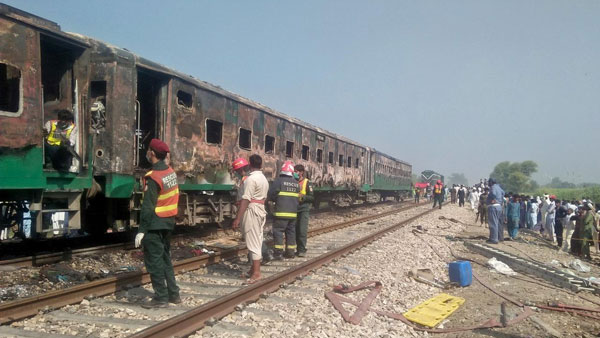  65 people were killed as fire engulfed an express train in Liaqatpur
